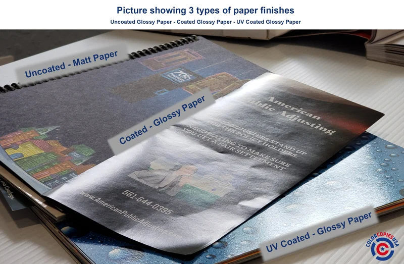 In this picture we photographed 3 pieces with 3 different paper, uncoated, gloss and UV varnish for comparison In this picture we photographed 3 pieces with 3 different paper, uncoated, gloss and UV varnish for comparison